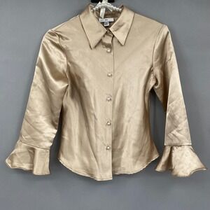 IZ Byer y2k Satin Pearl Button Blouse Shirt Womens XXS Girls M Cream Bell Sleeve